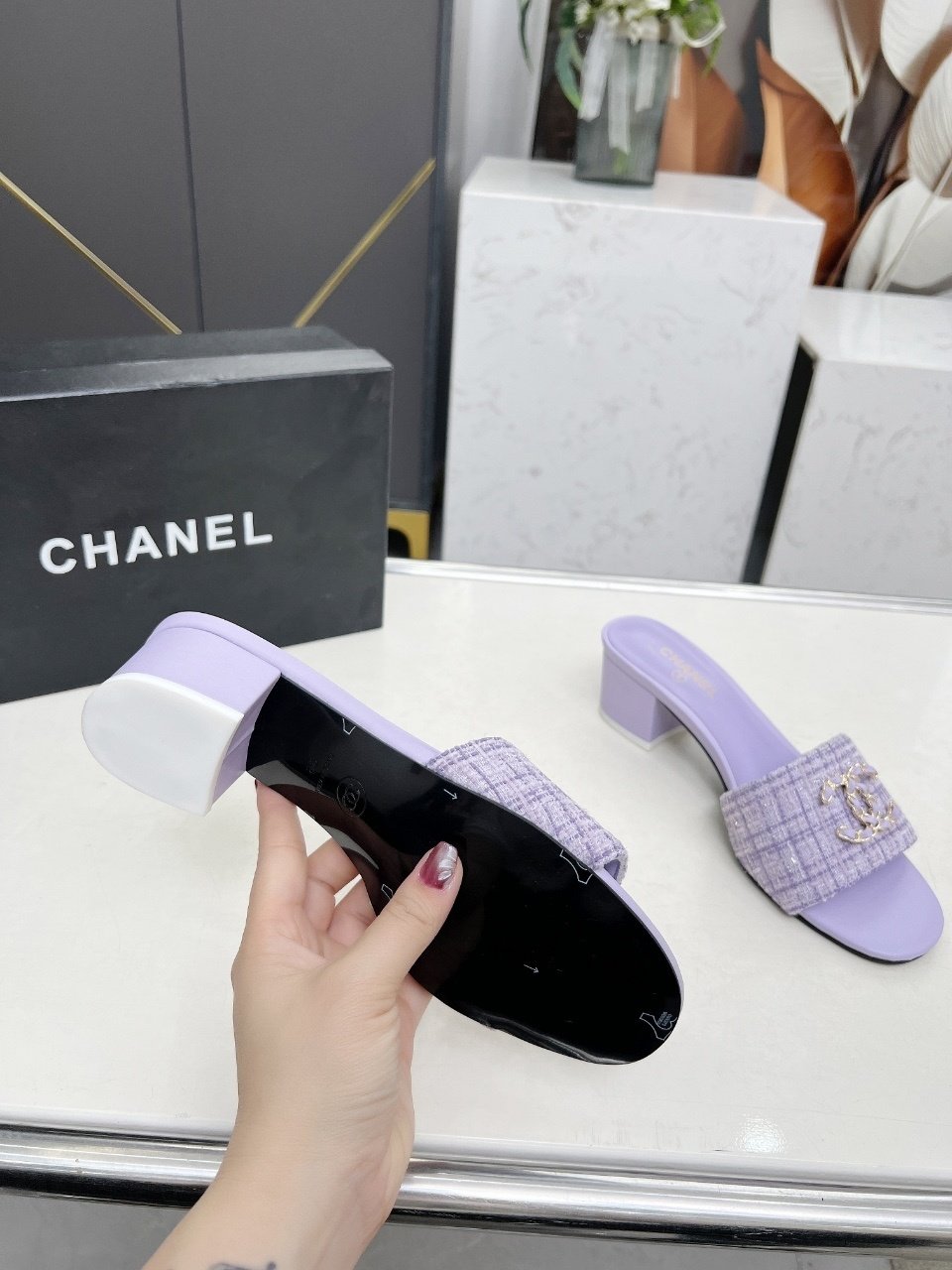 elegant purple designer slide sandals – crystal embellished tweed strap elegant purple designer slide sandals – crystal embellished tweed strap