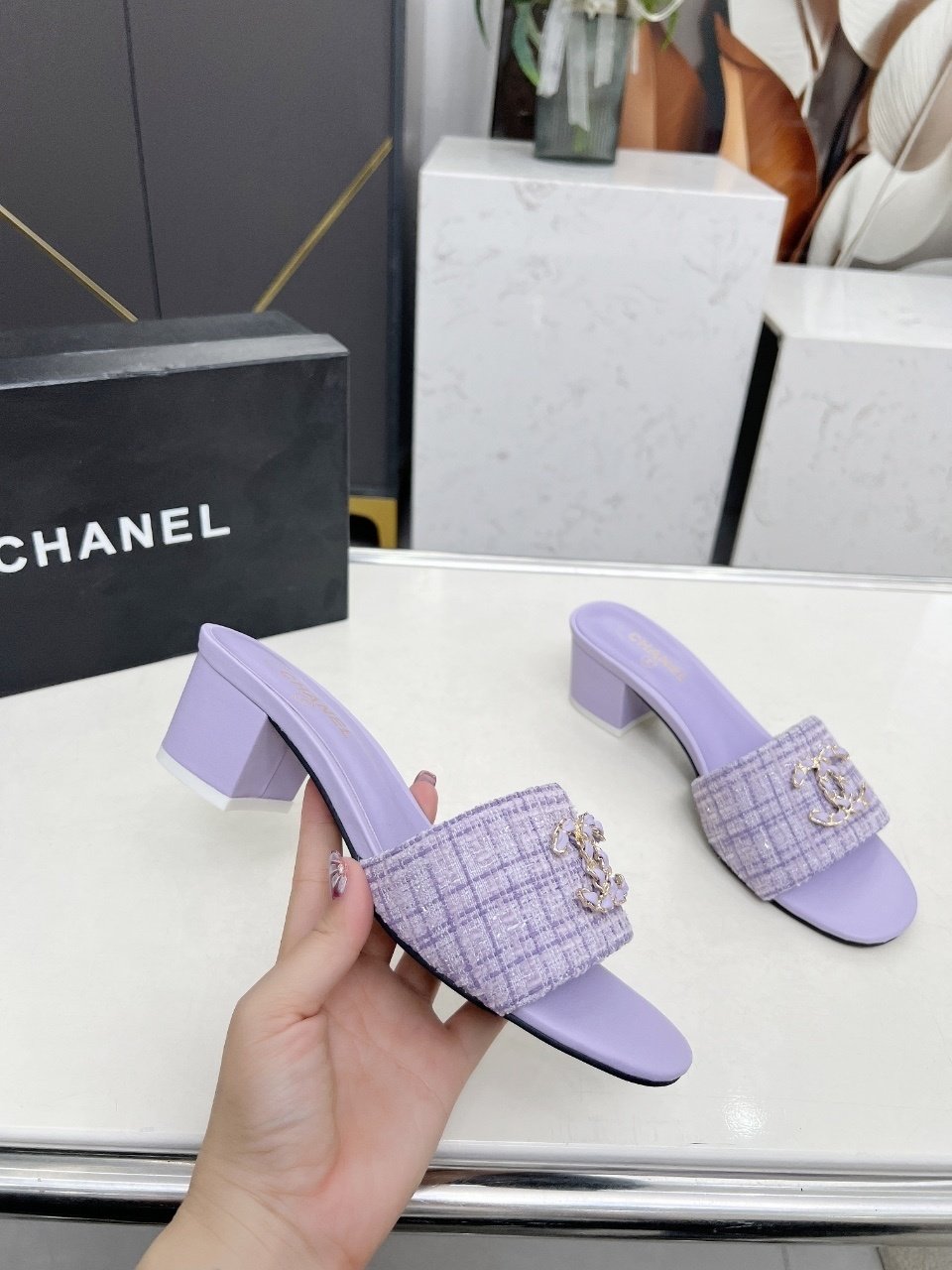 elegant purple designer slide sandals – crystal embellished tweed strap elegant purple designer slide sandals – crystal embellished tweed strap