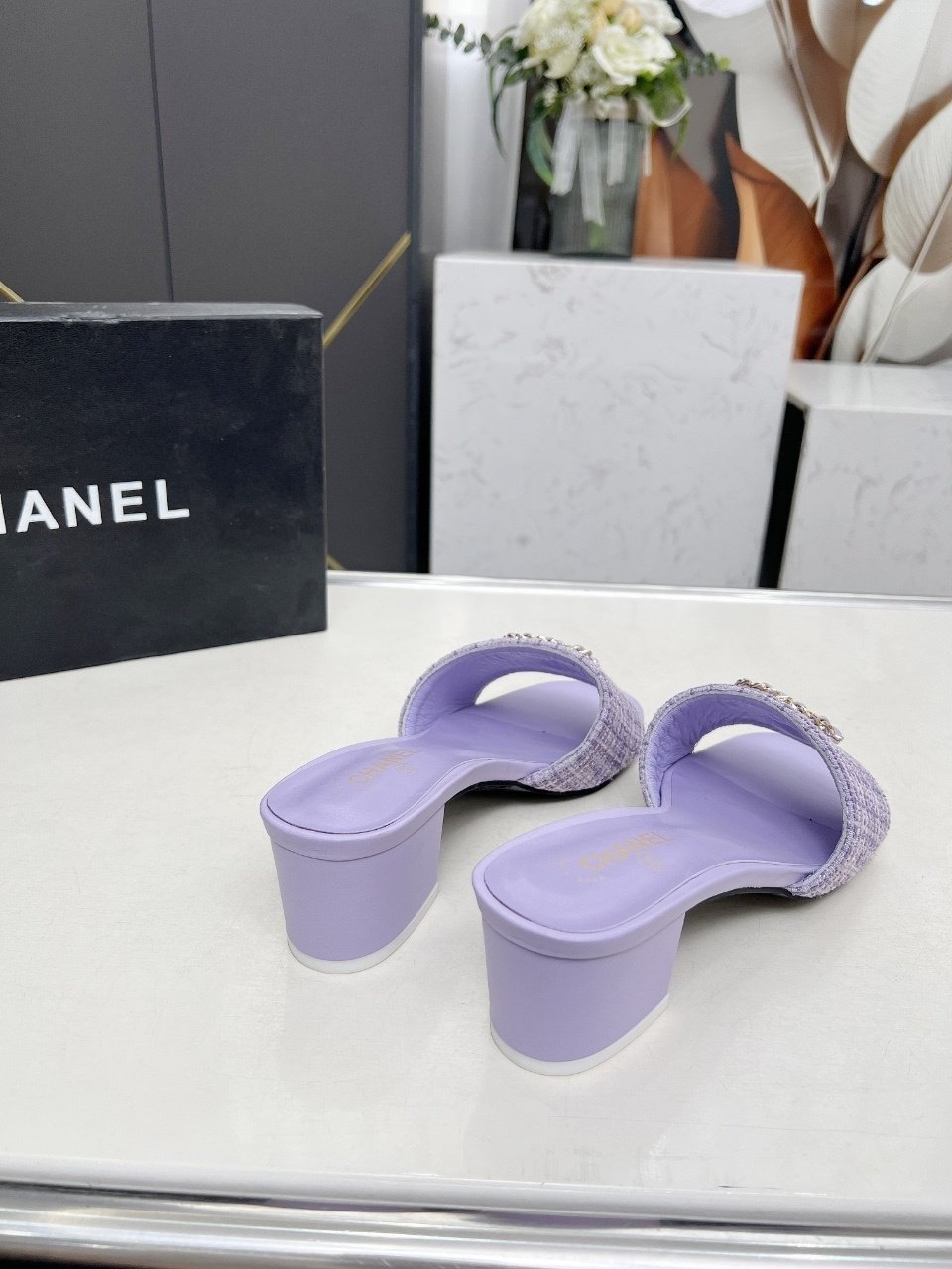 elegant purple designer slide sandals – crystal embellished tweed strap elegant purple designer slide sandals – crystal embellished tweed strap