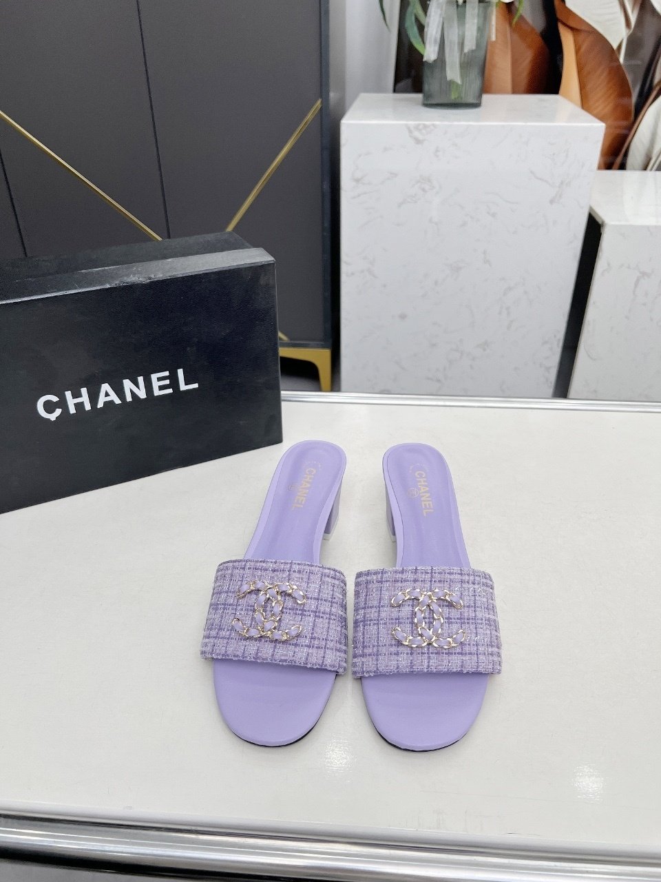 elegant purple designer slide sandals – crystal embellished tweed strap elegant purple designer slide sandals – crystal embellished tweed strap