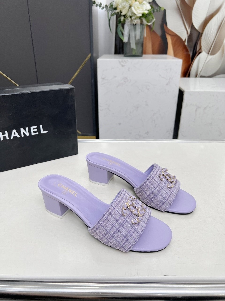 elegant purple designer slide sandals – crystal embellished tweed strap elegant purple designer slide sandals – crystal embellished tweed strap