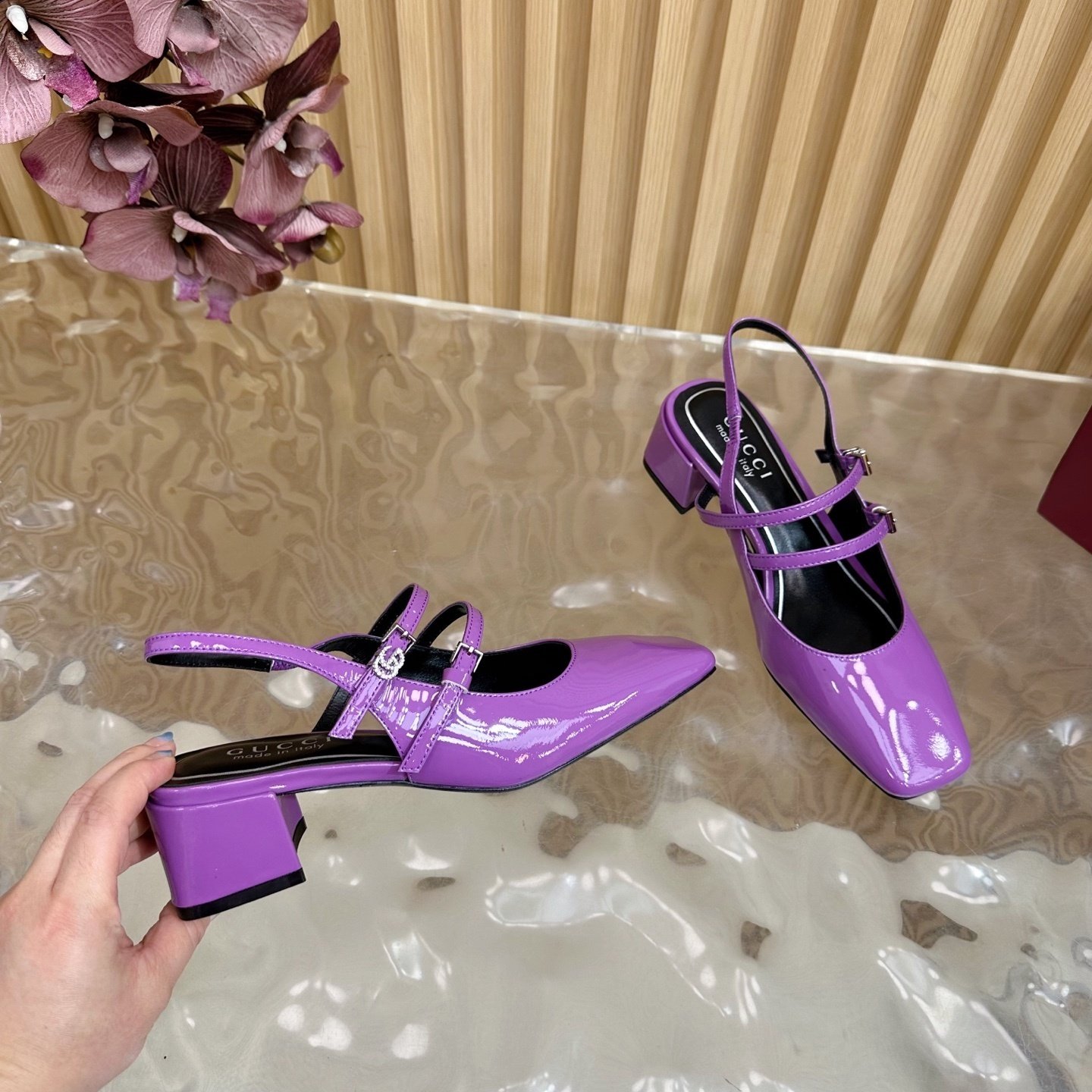 glossy violet square toe strap heels glossy violet square toe strap heels